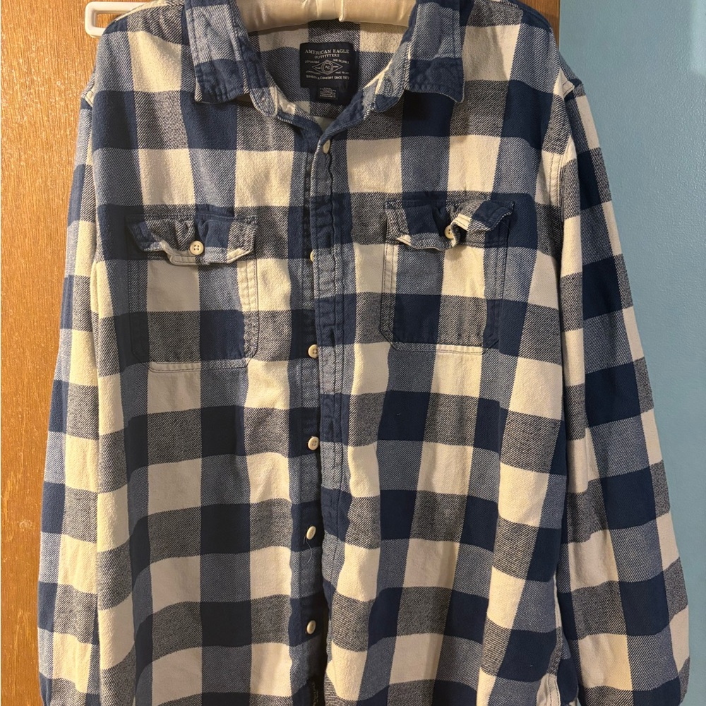 American Eagle Outfitters Navy and Cream Checkered Shirt